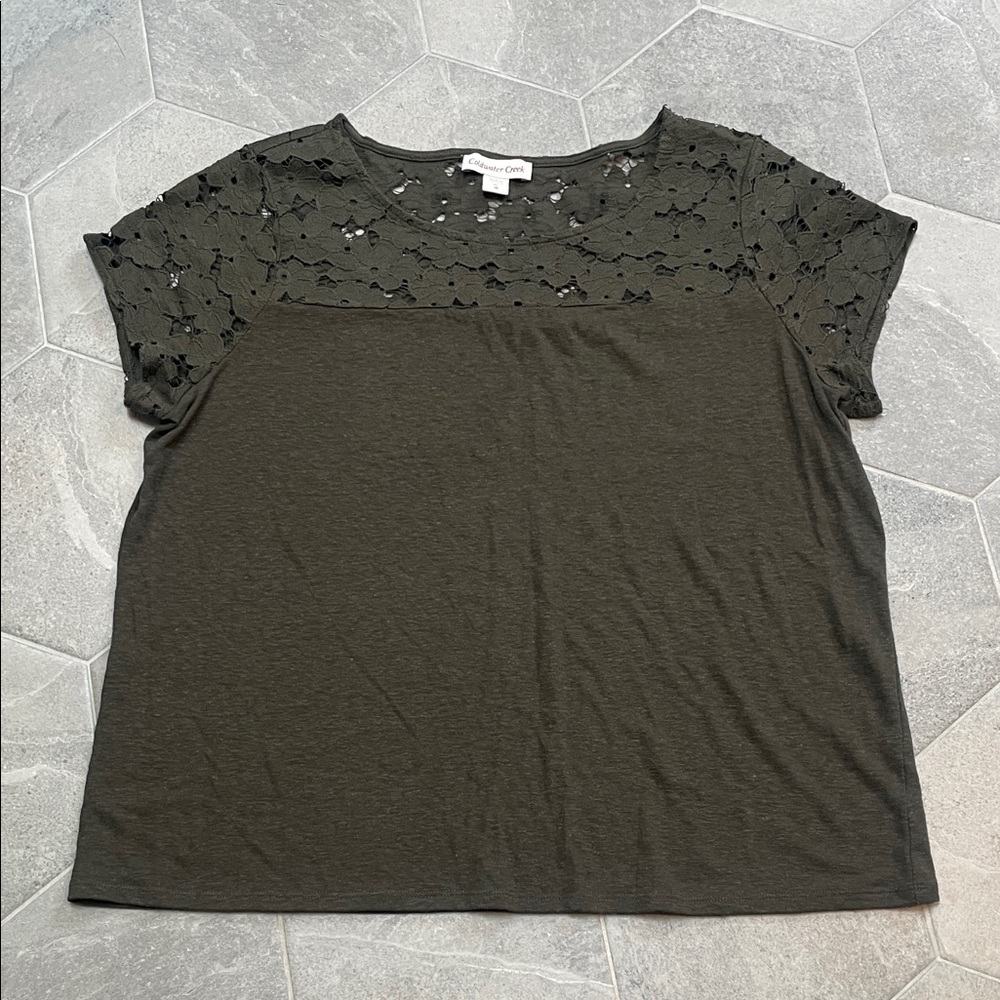 Coldwater Creek Olive Green Lace Yoke Short Sleeve Top – Women’s XL (16)